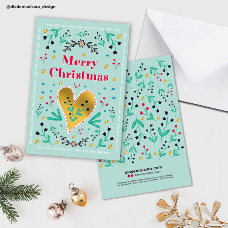 Golden heart berries and leaves Christmas Card